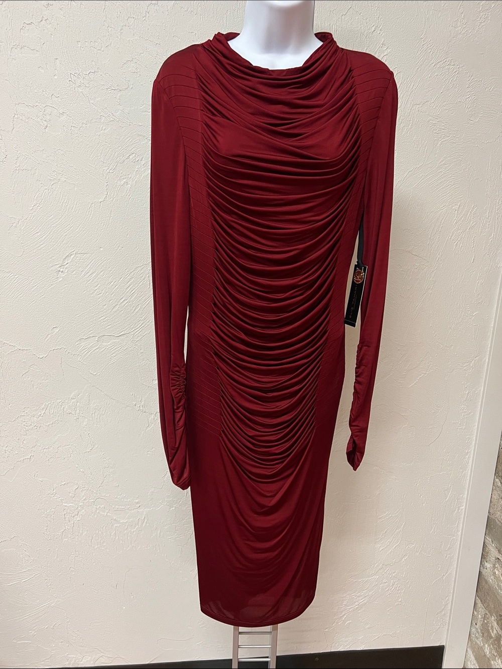 Elie Tahari Burgundy Ruched Long-Sleeve Bodycon Maxi Dress New Size Small